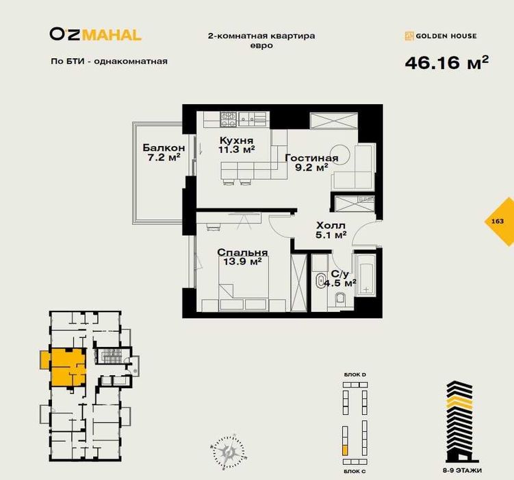 OzMahal 2 комнатная квартира без ремонта, ор-р Новомосковская