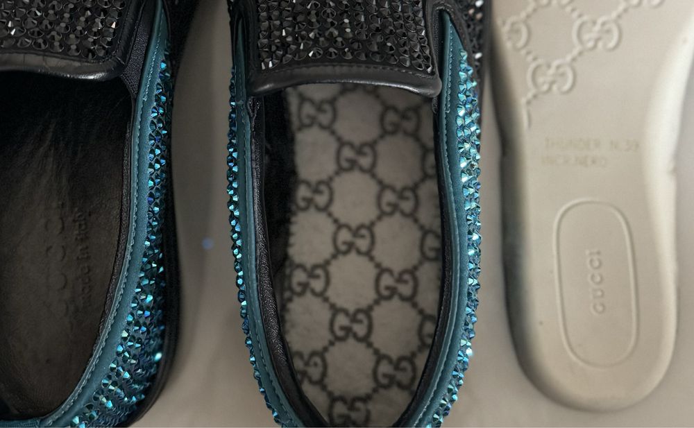 Gucci Crystal Satin Slip-On Sneaker,Black/Teal valentino burberry dior
