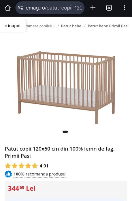 Patut bebe lemn din fag + saltea bambus + carusel muzical