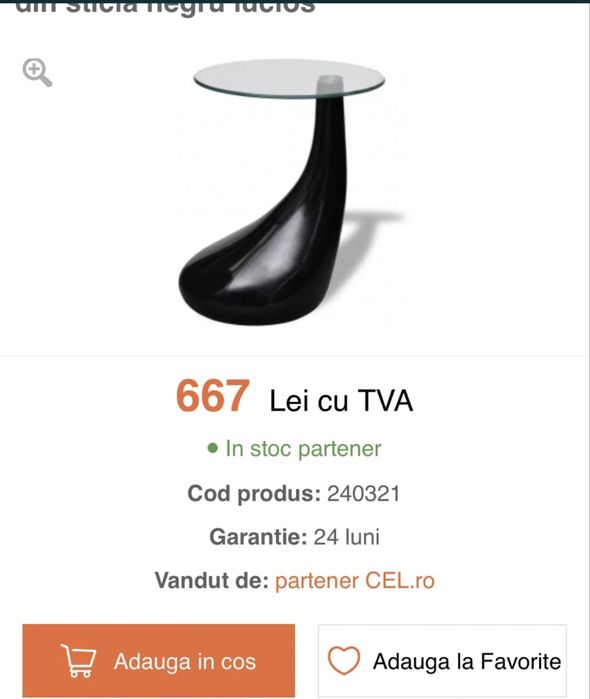 Masuta de cafea cu blat rotund din sticla negru lucios