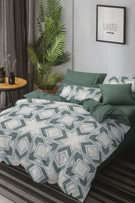 Lenjerie pat bumbac finet Casa Pucioasa 6 piese -model geometric verde