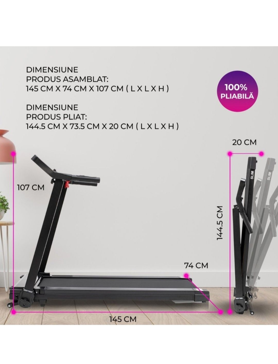Banda de alergare TECHFIT SLIM, Motor 3 CP, Pliabila 100%,