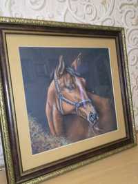 Картина лошадь кон пастель авторская в раме подарок мужчине диптих