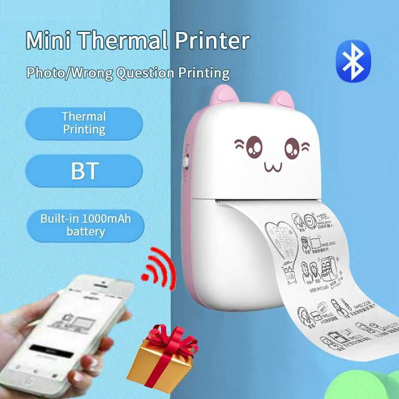 Мини принтер Cute Cat, Bluetooth, USB + 9 ролки хартия за мини принтер