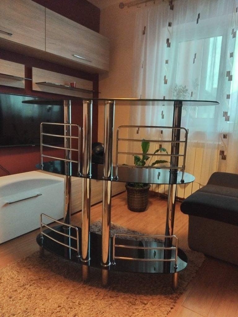 Bar sticlă neagra+crom și 2 scaune bar