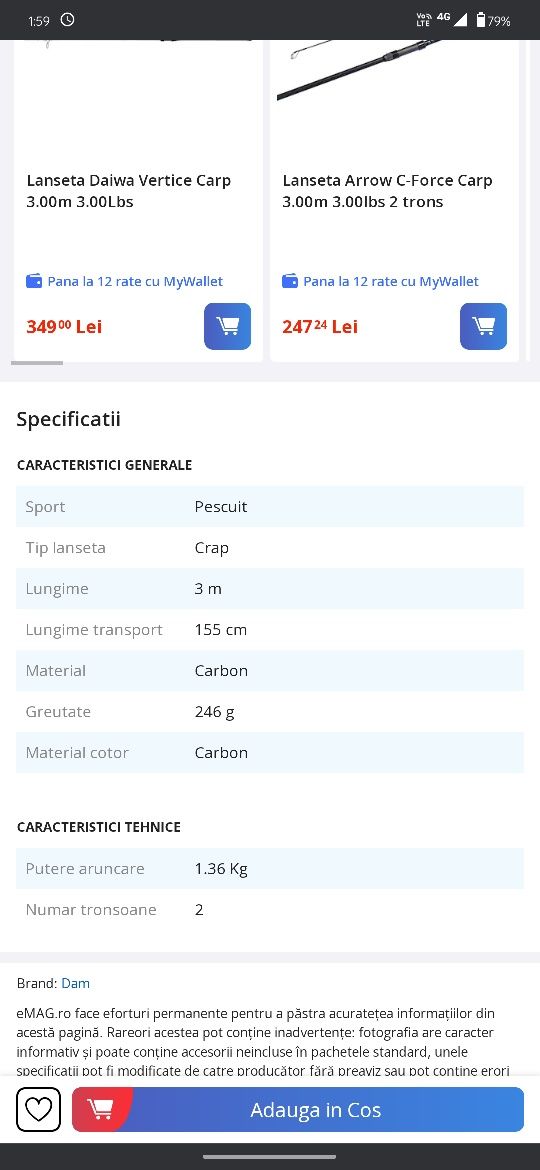 Vând/Schimb Lanseta DAM ICONIC CARP 3.00m 3.00lb