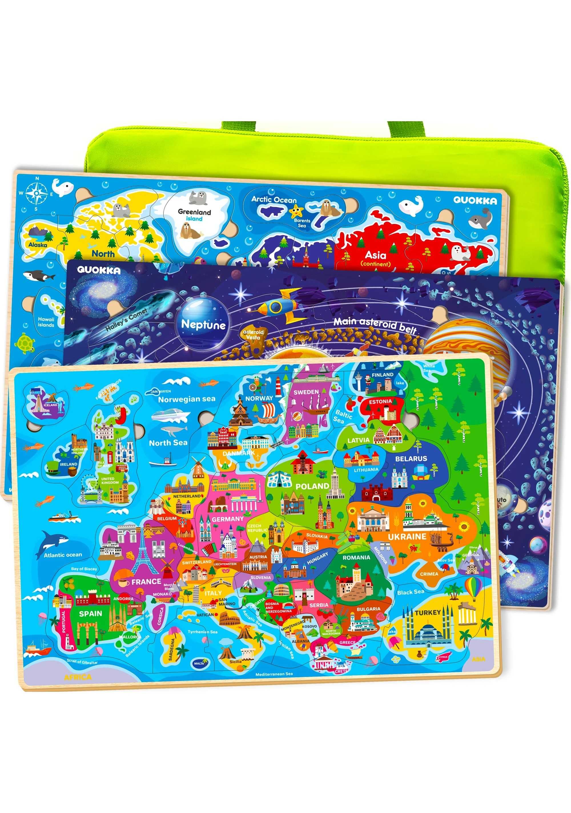 Set 3xPuzzle educativ lemn Harta Europei, Harta Lumii si Universul NOU