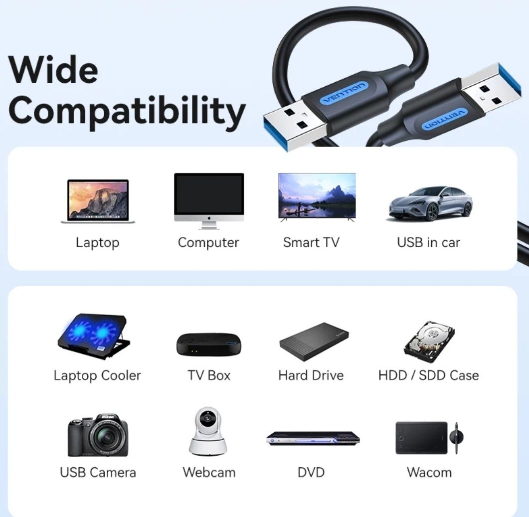 Кабел Vention, USB3.0 Мъжко - Мъжко, 1m, Сив, 5 Gb/s