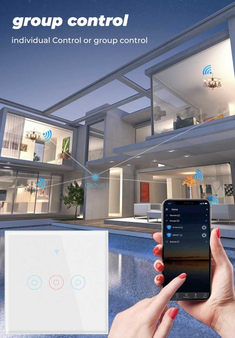 Intrerupator WiFi+BLE TUYA pano sticla cu/fara nul cap scara TR GRATIS