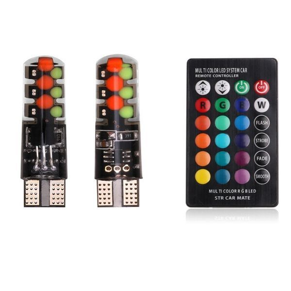 Set 2 LED-uri auto W5W T10, RGB multicolore, pentru pozitie, telecoman