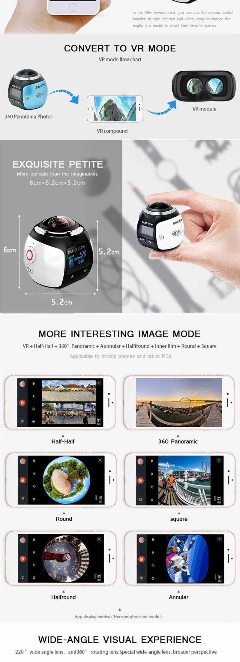 Camera 360 video sport VR, 3D, pano, HD, WIFI, cu conexiune pentru tel