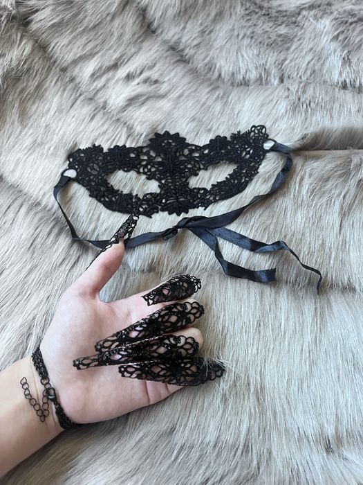 Черна перлена огърлица дантелена маска за лице готик гривна и пръстени