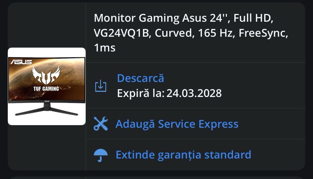Monitor gaming Asus 24" full hd , VG24Q1B, curbat, in garantie