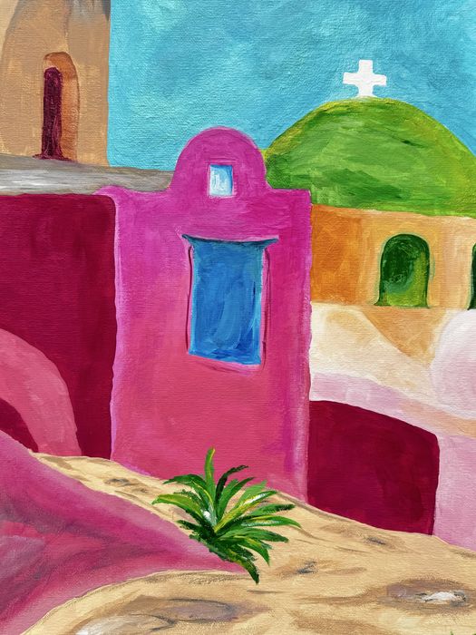 Tablou acrilic 50x70 cm Peisaj mediteranean colorat, pictat manual