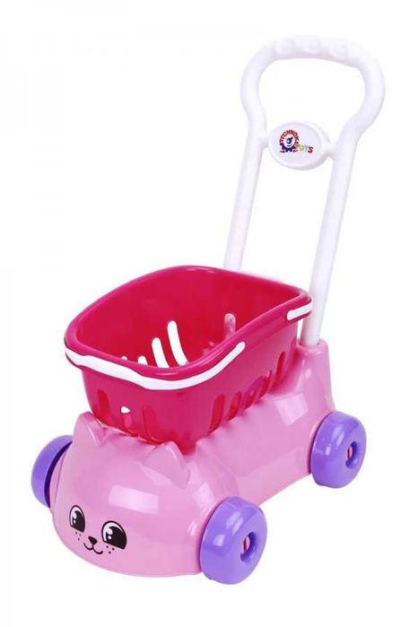Carucior de impins in forma de pisica, cu cos de cumparaturi , roz