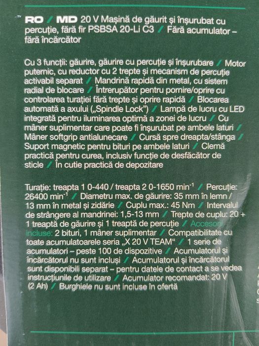 Bormașină cu percuție parkside pe acumulator 20v