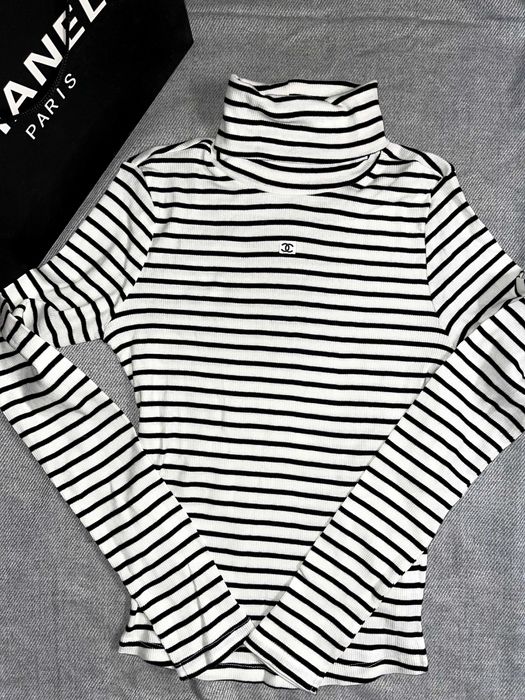 поло блуза яка рае черно бяла черна бяла шанел дълъг ръкав chanel