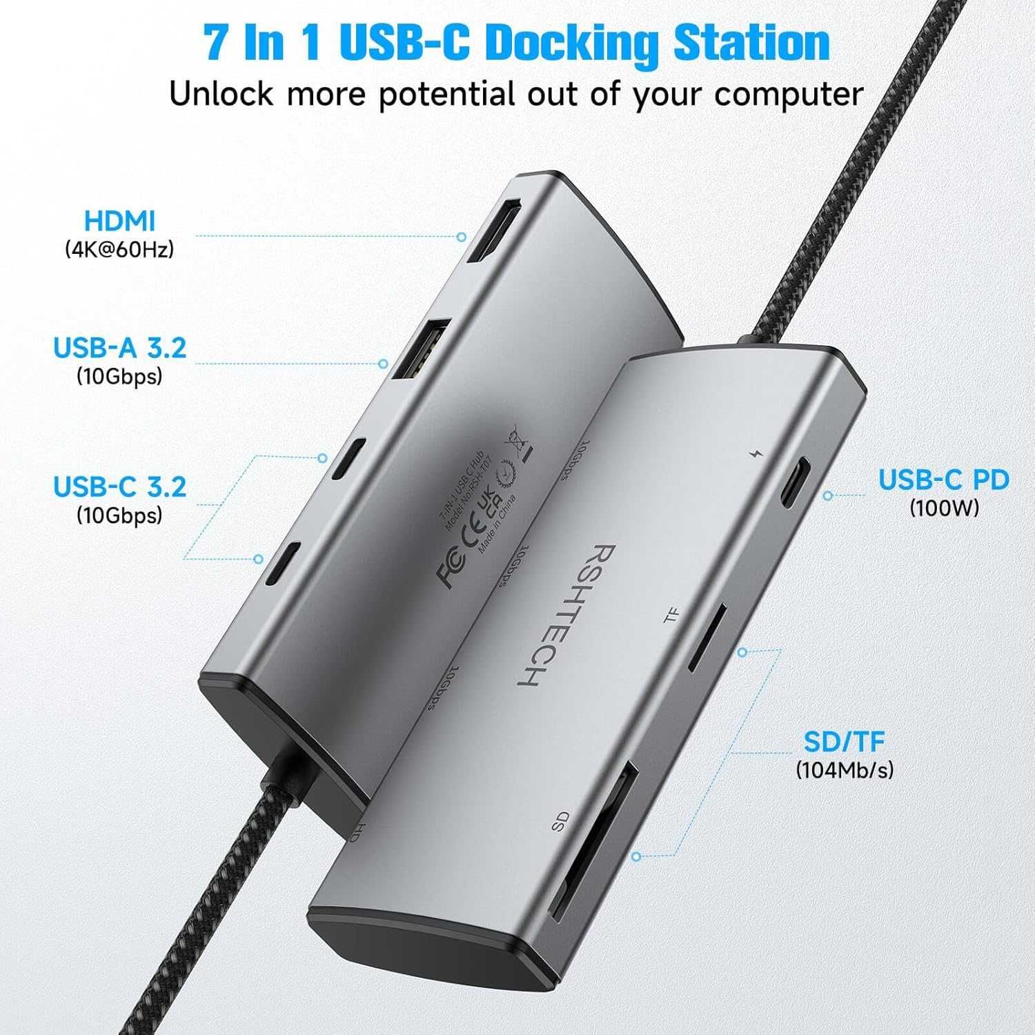 RSHTECH 10Gbps USB C хъб, 7-в-1 USB C многопортов адаптер с 4K HDMI