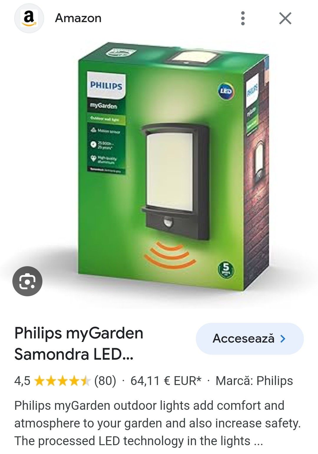 Lampa cu senzor de mișcare/Philips Outdoor Wall LED