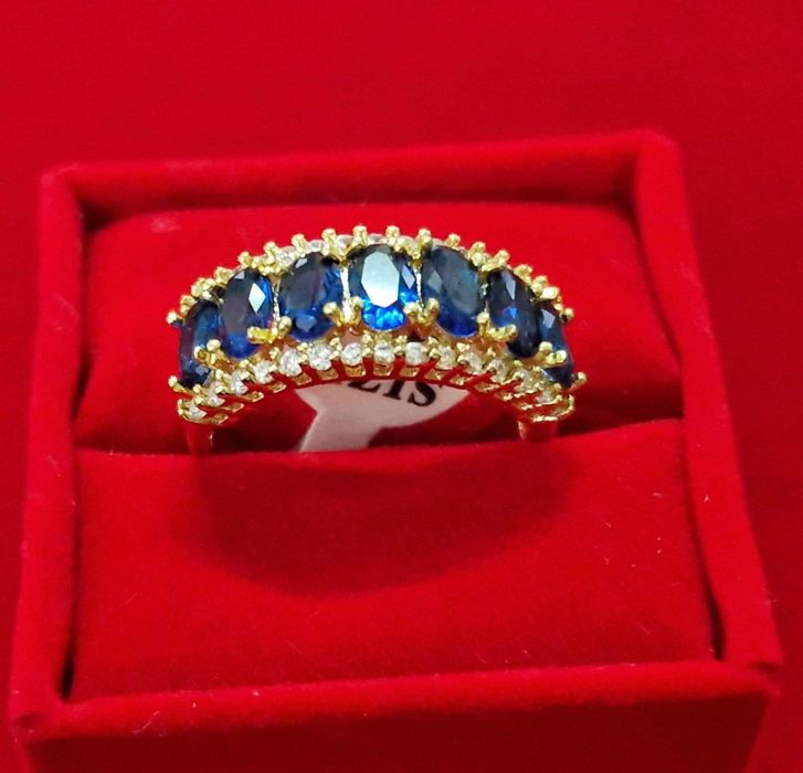 GR44,inel placat aur 14k, masiv, model marquiz, zirconii safir/alb