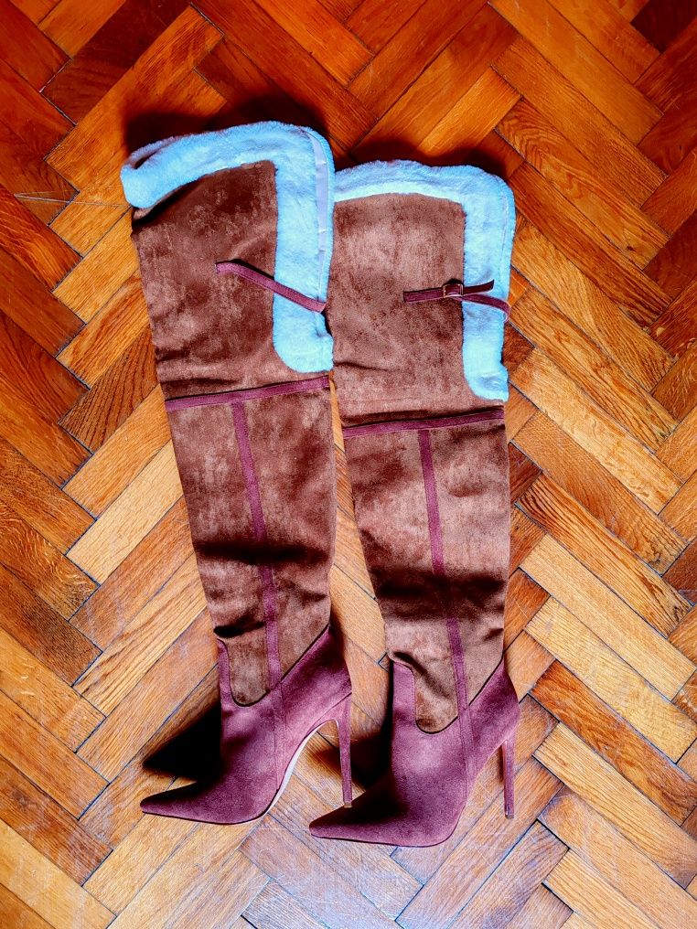 Cizme cu toc stiletto cu garnituri fuzzy Shein