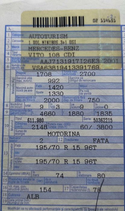 Mercedes Vito 2.2 cdi inmatriculat autoturism 9 locuri