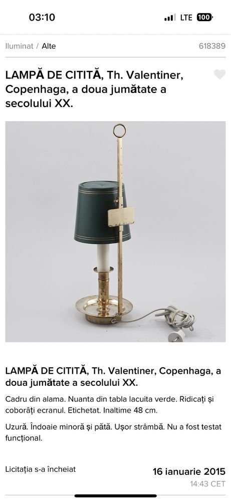 Lampa/Veioza/Aplica bronz/alama veche - TH VALENTINER Danemarca