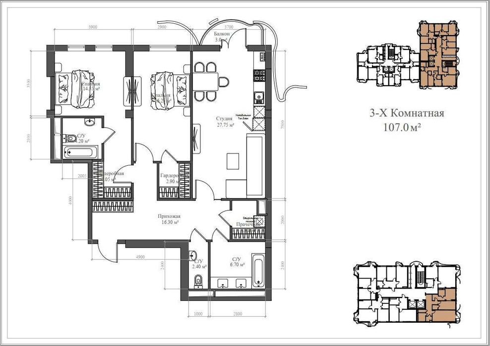 Новостройка 3-х комнатная (2 коробки) в ЖК «Skyline»  ID: 4006