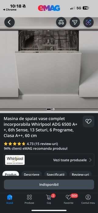 Masina de spalat vase complet incorporabila Whirlpool ADG 6500 A++