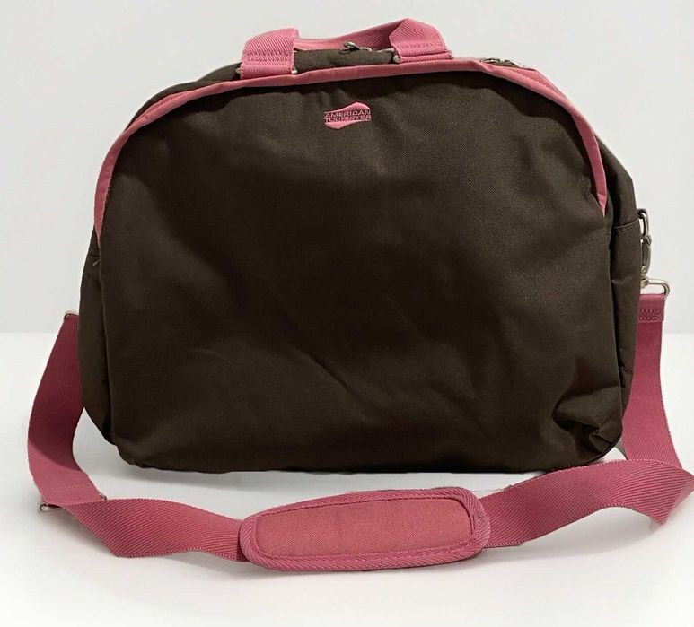 Чанта за през рамо American Tourister, кафява и розова, бродирана