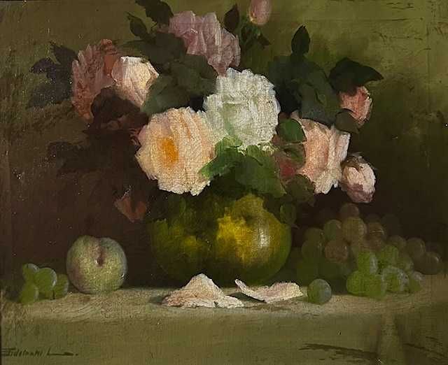 *VAZA CU TRANDAFIRI* Tablou f, f VECHI, ulei/panza, semnat.Cca 65x55cm