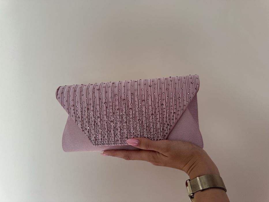 Нова розова клъч чанта, с камъни, подходяща за повод