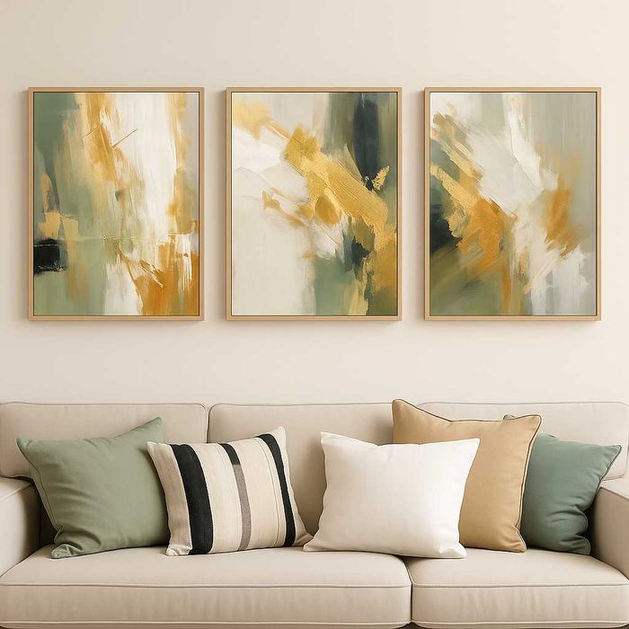 Set 3 Tablouri Canvas Abstract Verde–Auriu – 30x40 cm fiecare
