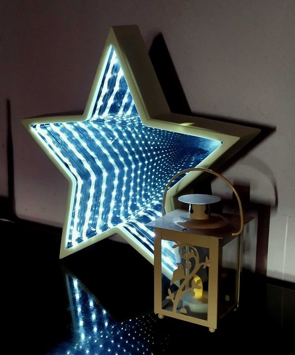 Stea LED infinity mirror +  felinar  LED din metal și sticlă .