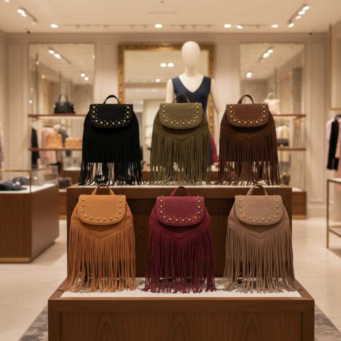 Велурена дамска раница с ресни и метални нитове