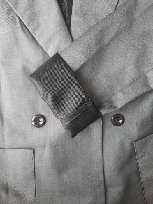 Жакет двубортный, удлиненный, серый, S