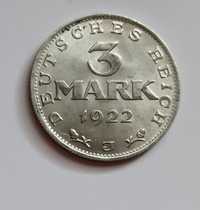 3 марки 1922 Германия буква J Юбилейта монета за Ваймарската конституц