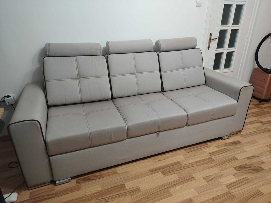 Canapea extensibila de dormit, culoare Gri, 3 perne, fara transport