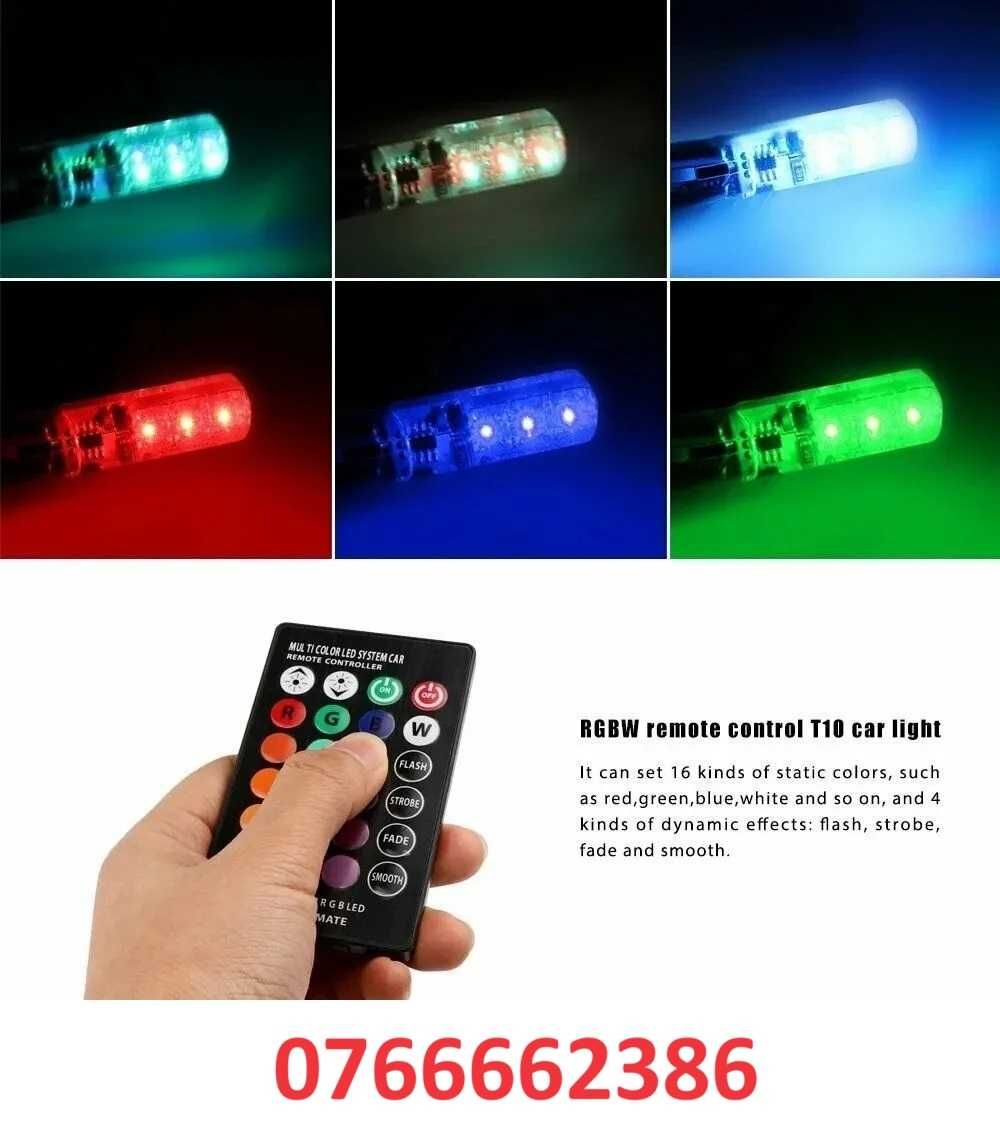 Set 4 becuri auto T10 led RGB cu telecomanda