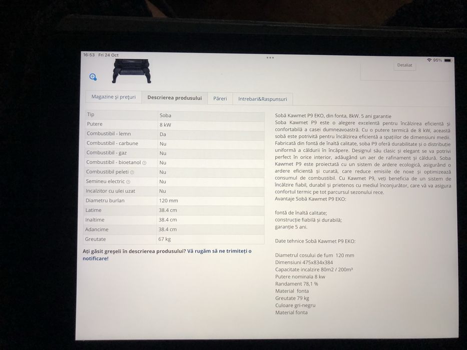 Soba din Fonta, Noua - Kawmet P9 - 8kw