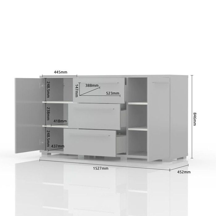 Comoda Piano , Alb lucios , 153 cm latime