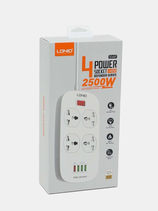 Удлинитель сетевой фильтр LDNIO SC4407, 4 USB порта, 4 розетки