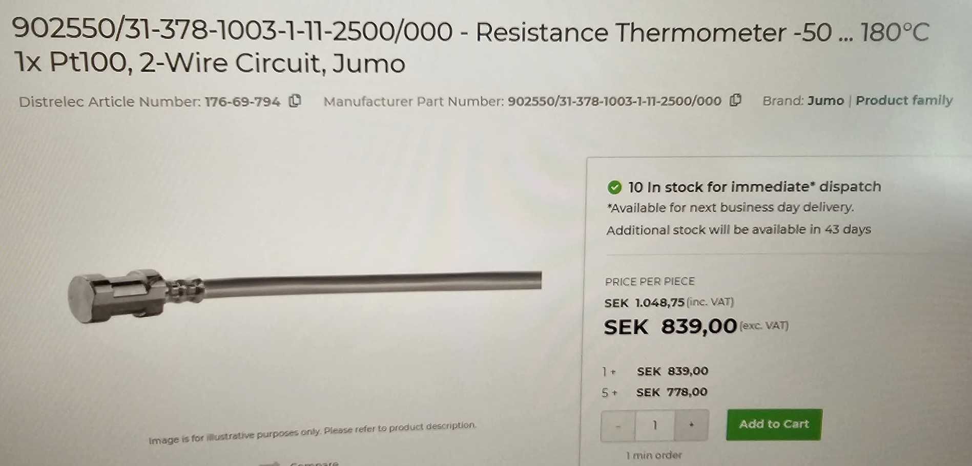 Jumo PT100 senzor temperatura Clasa B 26mm -50°C min ... +180°C