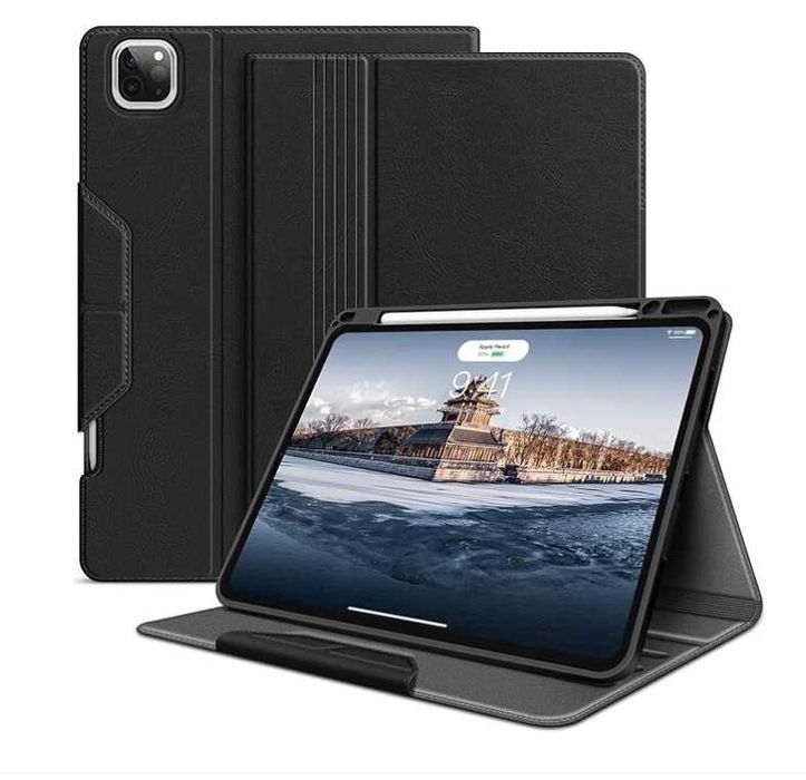 Husă H HOLIMET iPad Pro 12.9", piele vegană, suport stilou, neagră