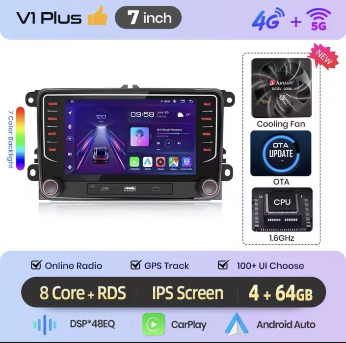Мултимедия Junsun V1 pro 7" 4G Android 14 за VW / Skoda Нов Модел!