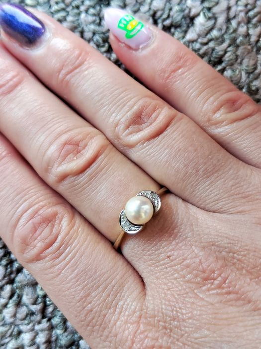 (REZ) Inel Aur 14K Cu Diamante Si Perla Naturala Apa Dulce