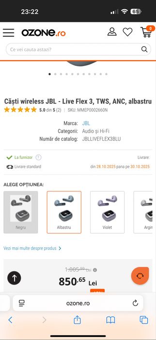 Casti wireless JBL Live Flex 3 black • NOI / SIGILATE •