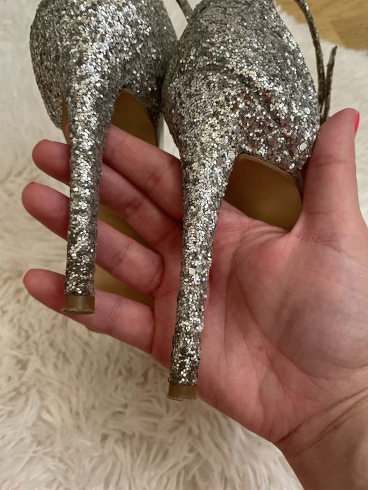 Sandale Vanilla cu toc subtire, piele naturala glitter argintiu