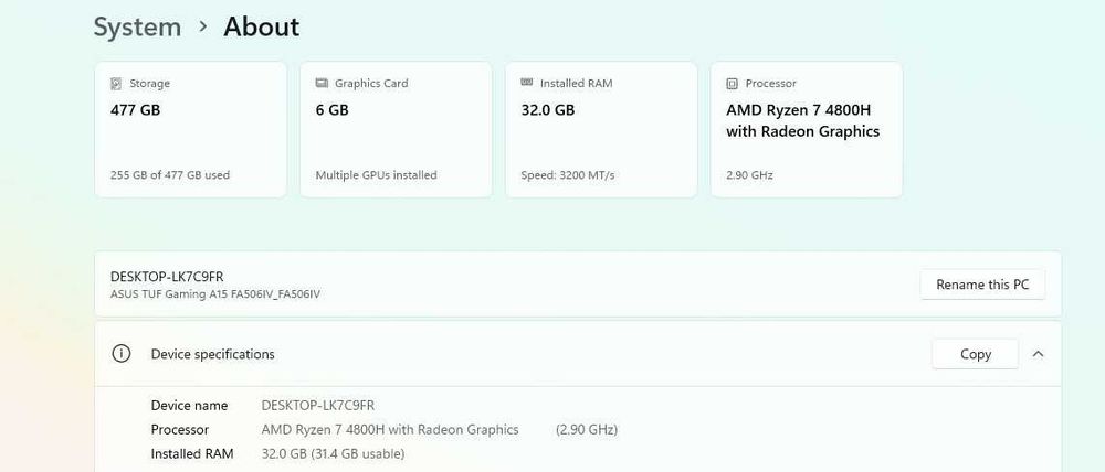 Laptop ASUS FA506, AMD Ryzen 7 4800H, 15.6", 32GB, 512GB, RTX 2060 6GB