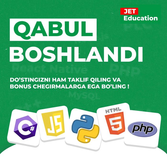 JET Education o'quv markaziga IT kurslariga qabul boshlandi !